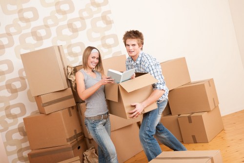 Stacked labeled file boxes for secure document storage in Chelsea